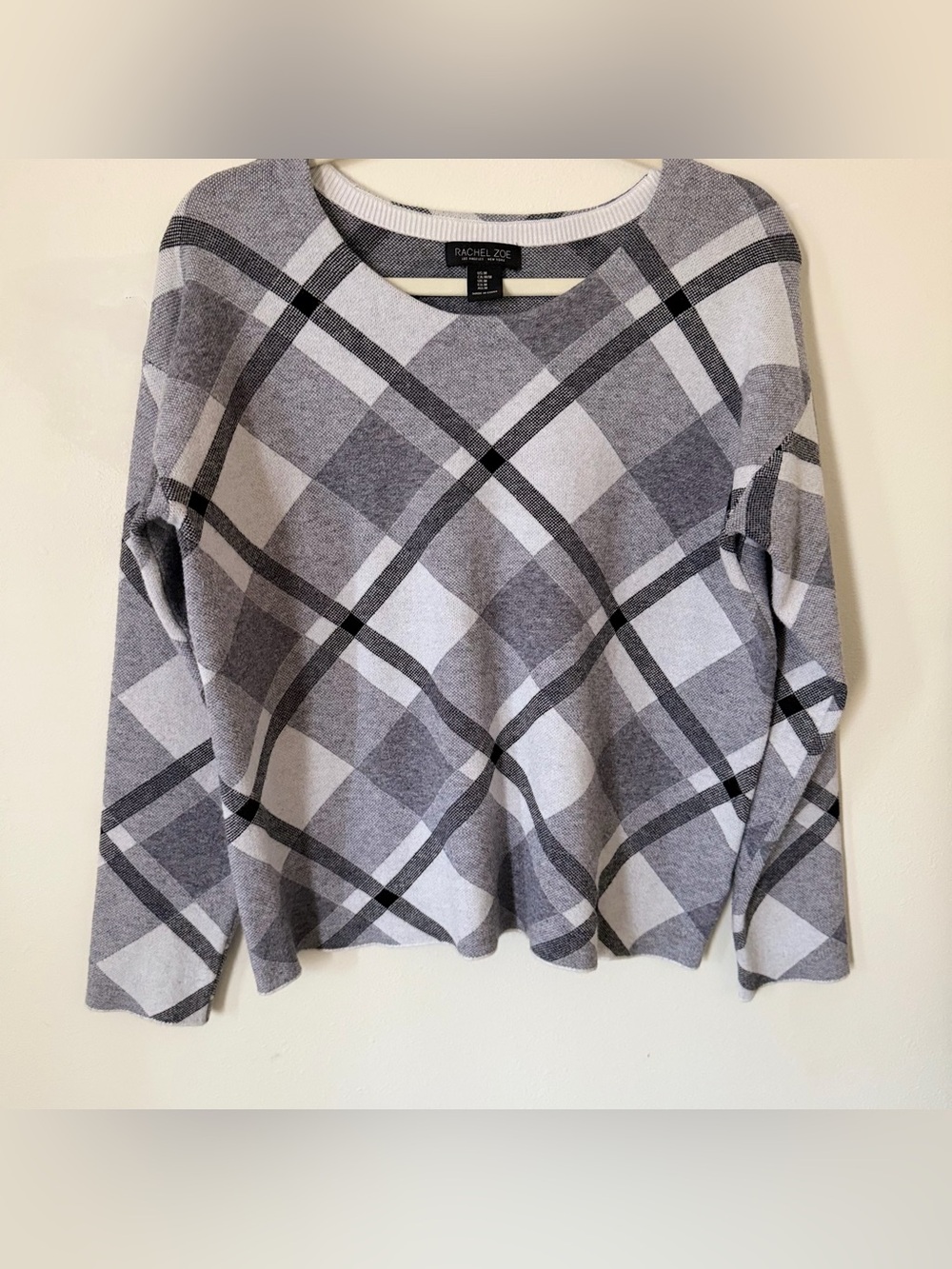 Md Rachel Zoe Gray and White Plaid Crewneck Sweater